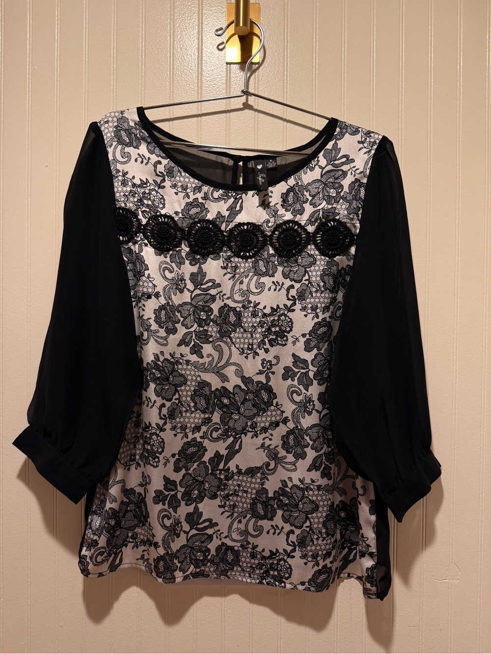 Black & White Floral Lace-Detail Blouse with Sheer Black Sleeves